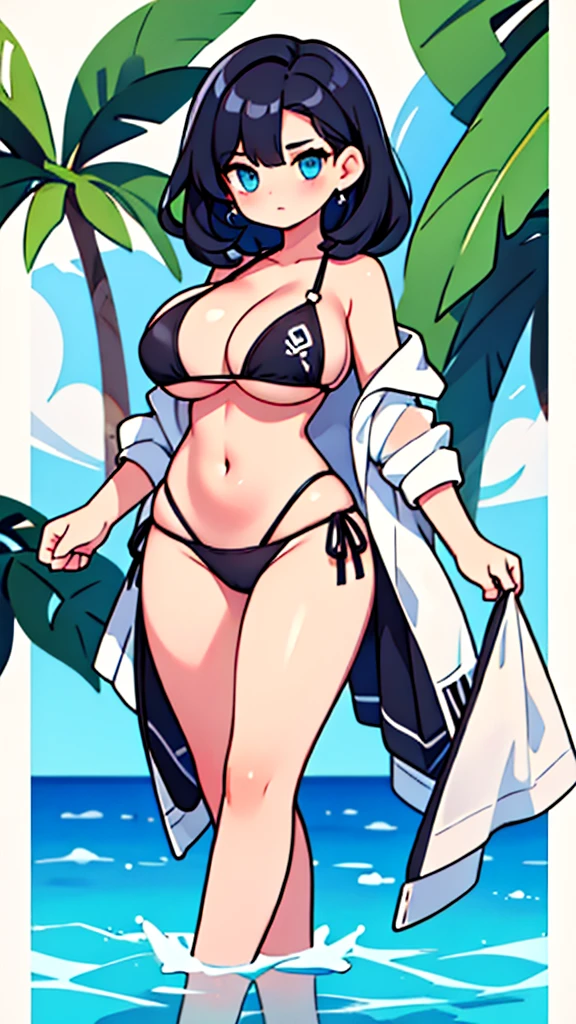Black-haired, blue-eyed, large-breasted woman wearing a bikini .