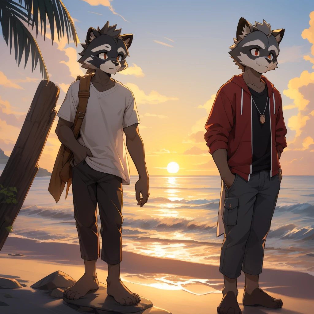  furry raccoon, Fursona raccoon , Black and grey hair, Very good figure, Handsome, adolable, Light：Hazy light and shadow, Reflective skin, Reddish skin, worn-out clothing，Commoner, beachside，standing on the rock，solo，1doy, Outdoor sunset, the detail, depth of fields, 