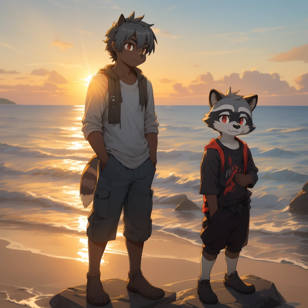 furry raccoon, Fursona raccoon , Black and grey hair, Very good figure, Handsome, adolable, Light:Hazy light and shadow, Reflective skin, Reddish skin, worn-out clothing,Commoner, beachside,standing on the rock,solo,1doy, Outdoor sunset, the detail, depth of fields,