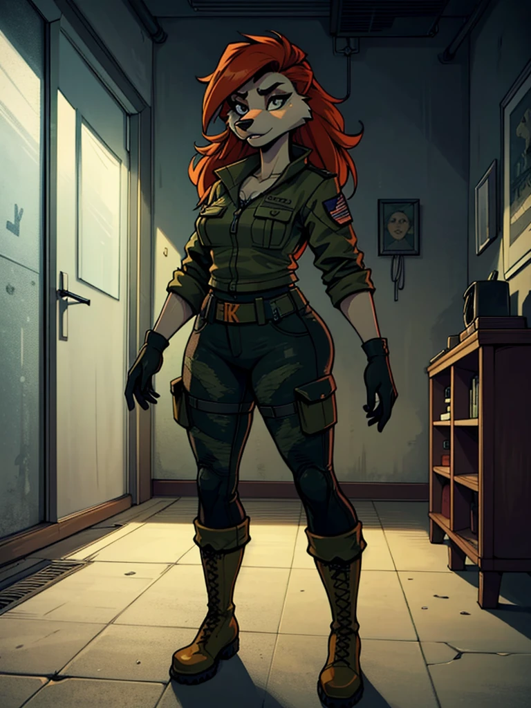 a young furry woman in a camouflage jacket, tactical gloves, camouflage pants, army boots, furry, highly detailed face, beautiful detailed eyes, beautiful detailed lips, extremely detailed eyes and face, long eyelashes, photorealistic, 8k, hyperdetailed, cinematic lighting, dramatic shadows, vibrant colors, gritty military aesthetic, weathered look, grunge, moody atmosphere