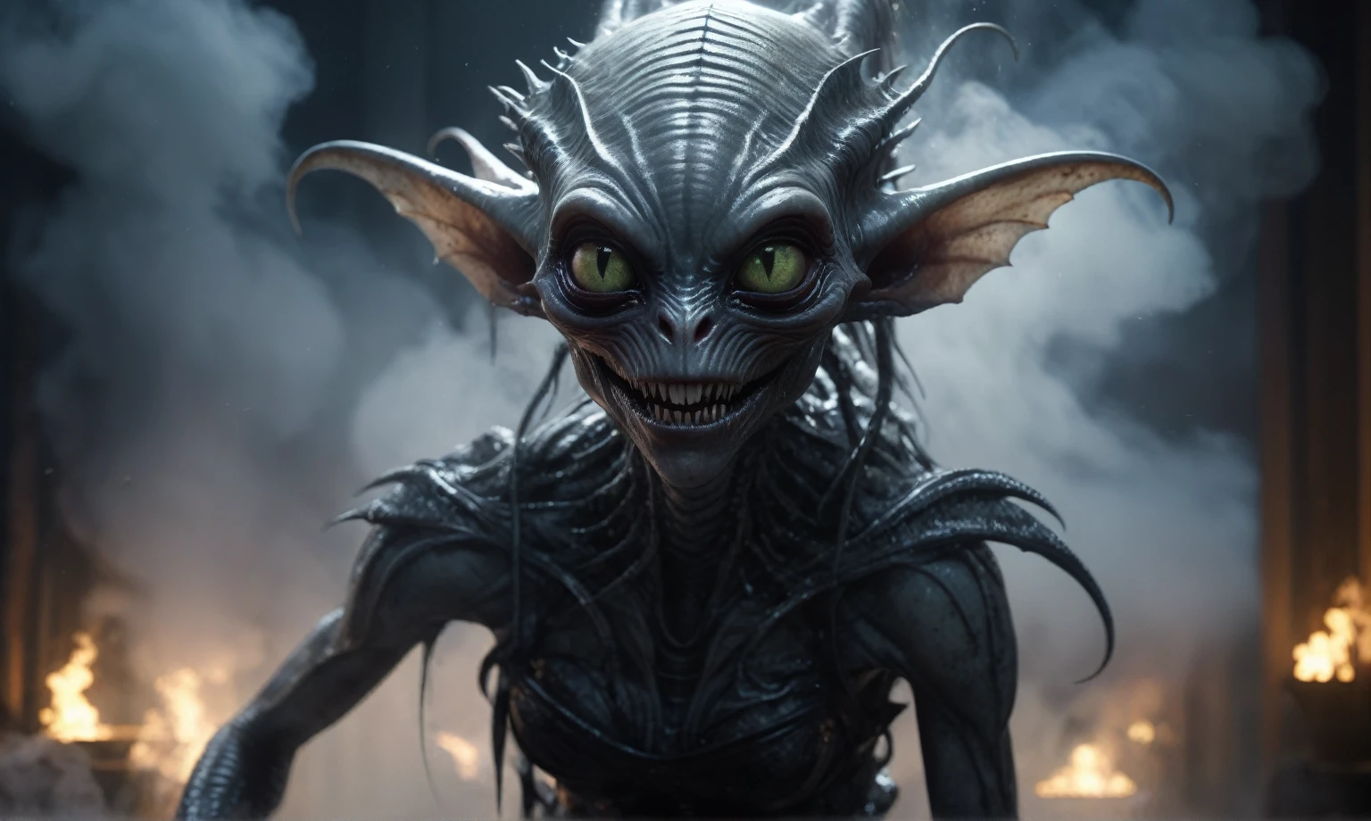 full body length,niobium goblin,native africa xenomorph,once pretty face,eyebrow up,full body shot,ominous landscape,niobium gray atmosphere,photo,photorealism,Masterpiece,hyper natural skin textures, hyper realism,hyper detailed,High contrast,Realism,Ultra Detailed,irina yermolova,close full body shot,32K resolution,Nikon Z9, ,demonic, fog, smoke, audience, mist, featuring ultra-realistic and hyper-realistic elements,
Marta Bevacqua, Ellen Jewett, Kawacy, Katsuya Terada, Carne Griffiths,concert lighting, bokeh, luminal space that feels
both bright and surreal. Includes liquid fluid elements for added depth and movement. Rendered in an unreal
engine and post-processed to achieve . Evokes a sense of dreamy, ethereal
and mystical mood,horror pixar movie still,thriller disney movie ,pixar render, animated ,suicide
