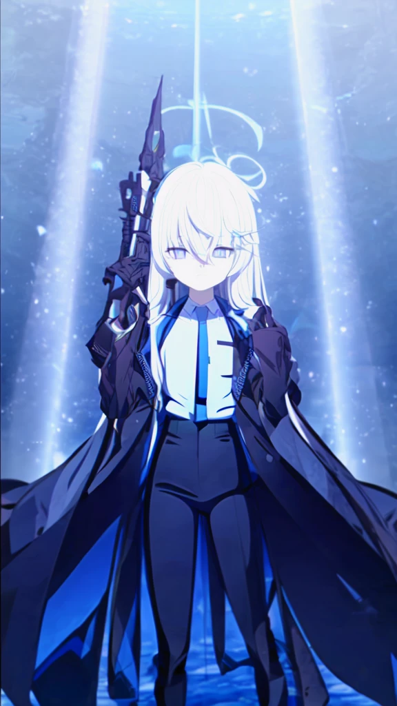 (Highest quality), (High resolution), (masterpiece), (Super detailed), (Highest quality), (High resolution), (masterpiece), (Super detailed), (Bright saturation), Thigh-length hair, White Hair, Heterogeneous eyes: purple left eye and blue right eye, Blue Archive Art Style, One girl, Swinging a black sword in his right hand, Left hand in pocket, girl, (Black long coat, White shirt, Black tie, Black trousers, suit, Black halo) whole body, Countless swords of light are stuck in the ground., Magic circle in the background, Expressionless, Vivid saturation
