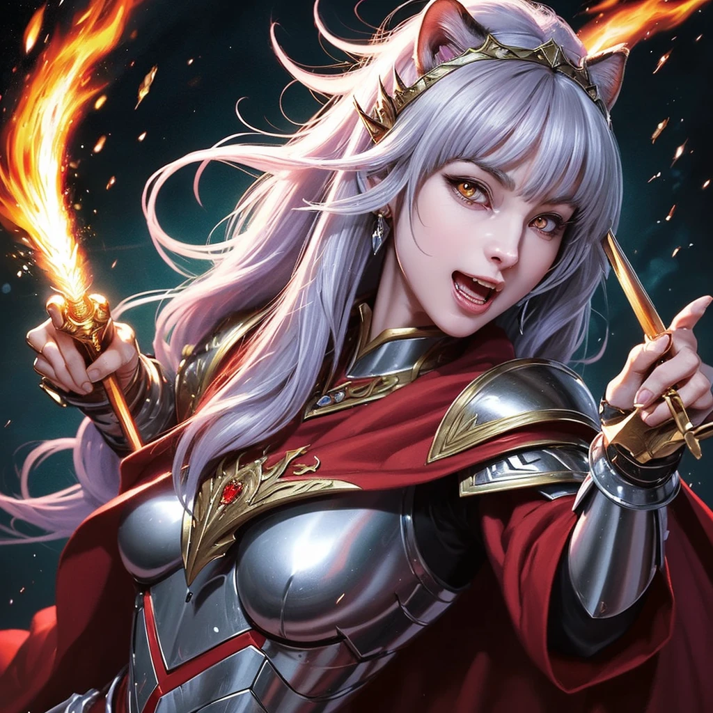 (Highly detailed face, Roar, shout:1.3), (Gothic fantasy illustration & ukiyo-e & Comic art), (whole body, A middle-aged, white-haired dark elf woman, Blunt bangs, Very long messy hair, dark purple skin, Lavender eyes), (The War Queen wears crimson armor and a crimson velour cloak., Adorned with jewels and precious metals), (The Queen of War Smiles Cruelly, leaps up with a shout, Strike a bold pose, And thrust out both his great swords. Flames erupt from the blade of the Queen's sword.), break (background, Barracks tents and military flags are hanging, Heavily armed Allied soldiers charging forward with battle cries. Smoke and dust rise)
