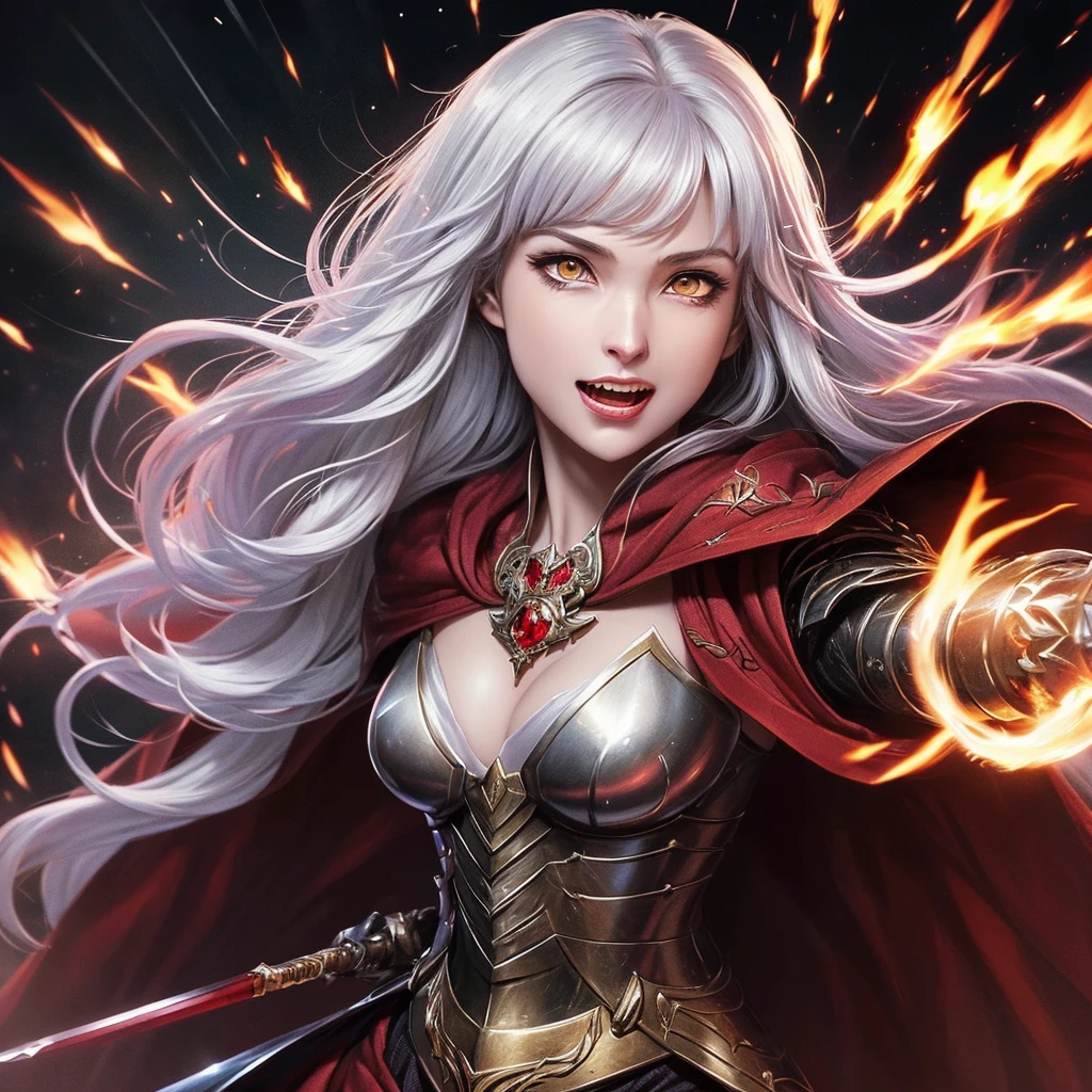 (Highly detailed face, Roar, shout:1.3), (Gothic fantasy illustration & ukiyo-e & Comic art), (whole body, A middle-aged, white-haired dark elf woman, Blunt bangs, Very long messy hair, dark purple skin, Lavender eyes), (The War Queen wears crimson armor and a crimson velour cloak., Adorned with jewels and precious metals), (The Queen of War Smiles Cruelly, leaps up with a shout, Strike a bold pose, And thrust out both his great swords. Flames erupt from the blade of the Queen's sword.), break (background, Barracks tents and military flags are hanging, Heavily armed Allied soldiers charging forward with battle cries. Smoke and dust rise)