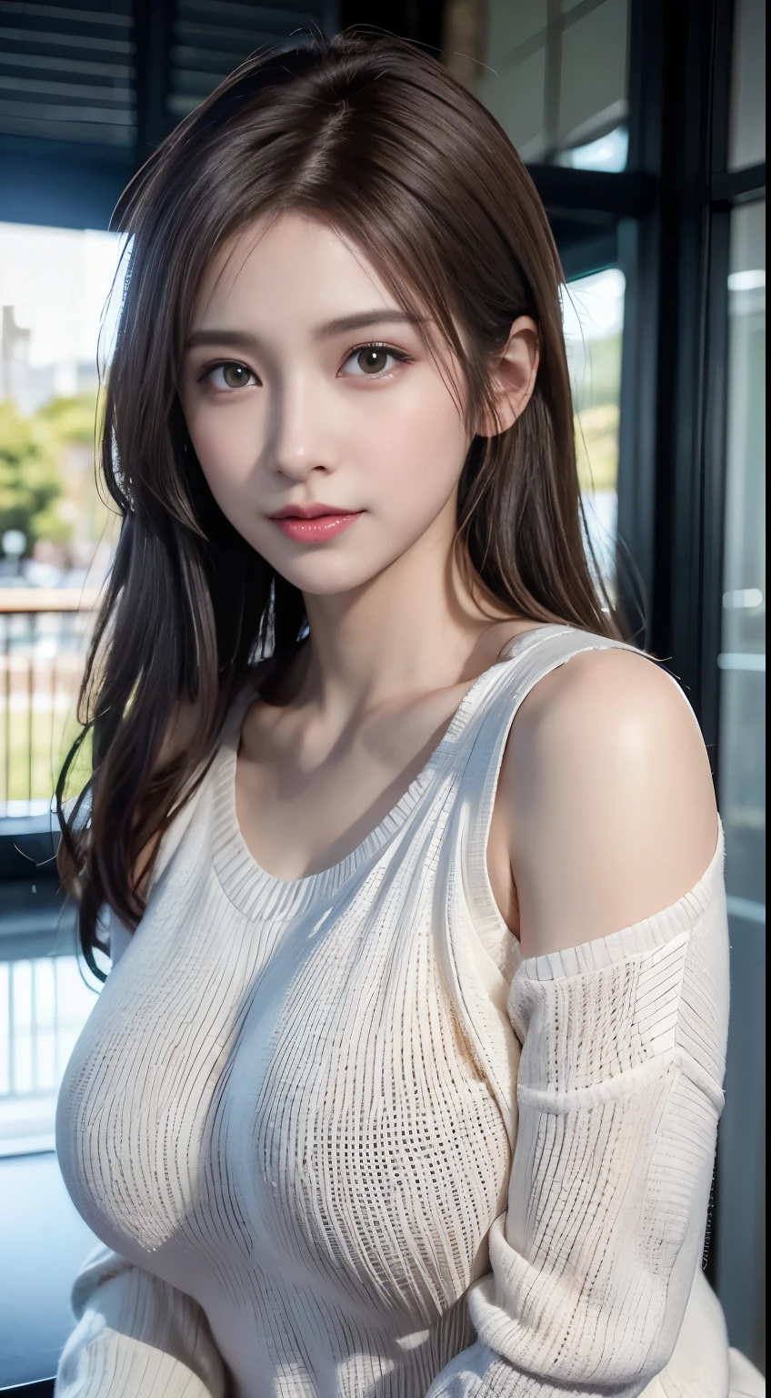 (logo, masterpiece, 8K, Tabletop, RAW Photos, wonderful, 最high quality, Photorealistic and very detailed CG composite 8k wallpaper, high quality, Very detailed, Narrative poem, Particle Effects, Dynamic Effects, Depth of the Boundary, Cinematic Light, Lens flare, Ray Tracing), short hair beautiful young woman, Hair tied back, high detail skin, very fine, fine skin texture, beautiful face, realistic eyes, beautifully detailed eyes, realistic skin, beautiful skin, surreal, smiling eyes, Hair and light eyes, Vibrant, Colorful lights and bokeh. The lighting casts a warm glow on her face and hair, Blue glow, Water surface reflection, Creates a dreamy and magical atmosphere, Big Breasts, Brown Hair, short hair, plump lower lip, pink blush on the cheeks , pink lips, brown tight no-shoulder knit sweater