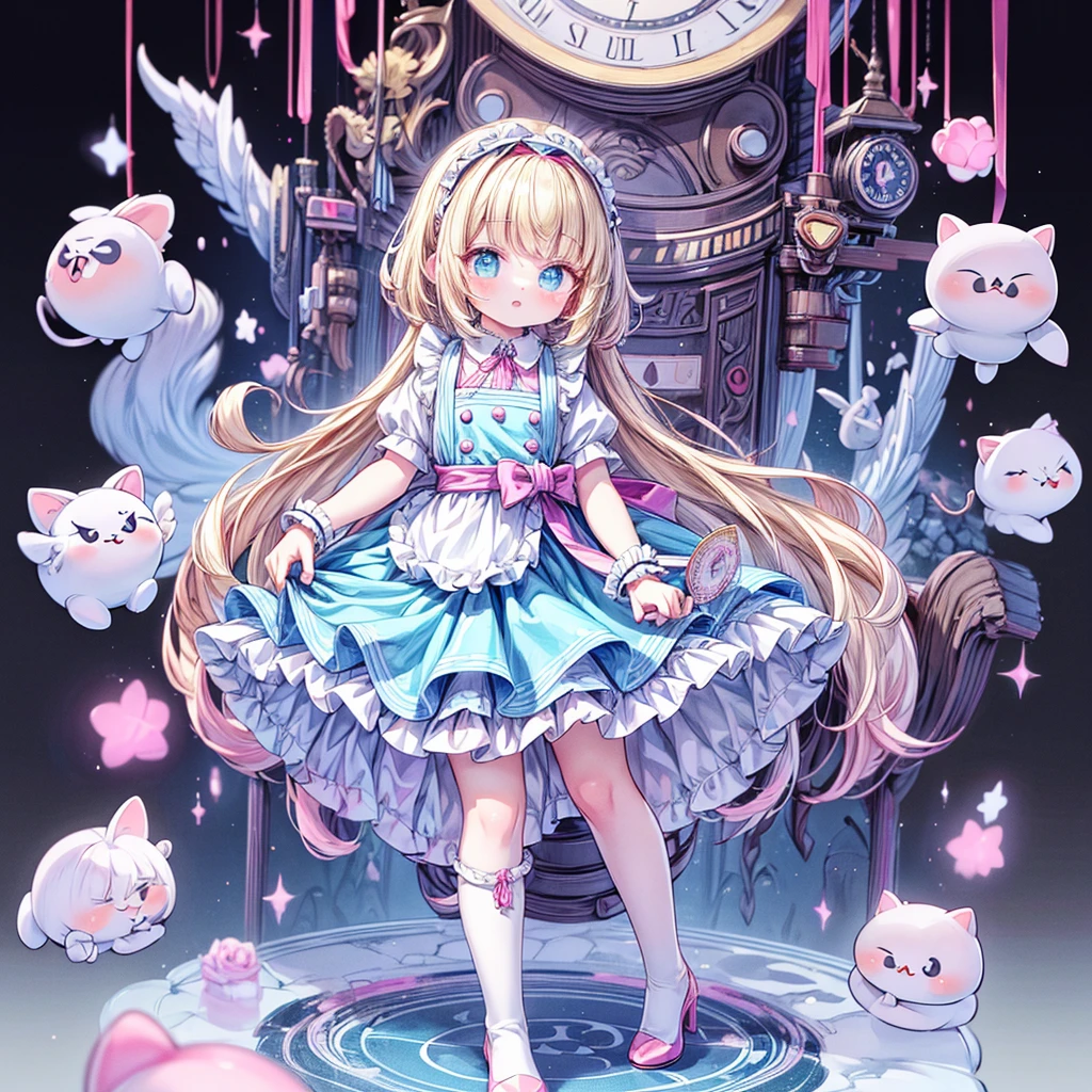 (Tabletop, Highest quality、Super detailed、Super detailedな目), (Perfect athletic body:1.2), (Fine hair), Super detailed, Anime Style, whole body, alone, Fantasy Blonde Hair, Blue Eyed Girl, Apron dress like Alice in Wonderland, Playing cards with your hands, Red Hairband, Black-purple miasma swirls, There are many whispers of the floating black devil, Nightmarish sights, Standing in the Wilderness, High heel boots, Digital Painting, 8K high resolution, Trend Art Station, whole body, Bad smile,background_Distorted clock:1.5、kawaii tech、Glitter eyes、