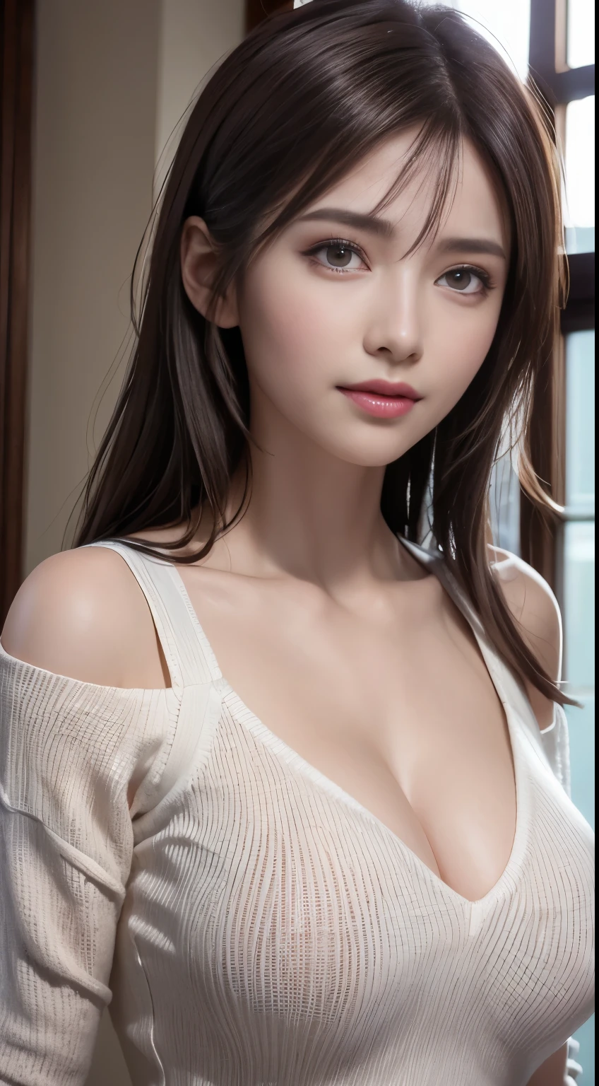 (logo, masterpiece, 8K, Tabletop, RAW Photos, wonderful, 最high quality, Photorealistic and very detailed CG composite 8k wallpaper, high quality, Very detailed, Narrative poem, Particle Effects, Dynamic Effects, Depth of the Boundary, Cinematic Light, Lens flare, Ray Tracing), short hair beautiful young woman, Hair tied back, high detail skin, very fine, fine skin texture, beautiful face, realistic eyes, beautifully detailed eyes, realistic skin, beautiful skin, surreal, smiling eyes, Hair and light eyes, Vibrant, Colorful lights and bokeh. The lighting casts a warm glow on her face and hair, Blue glow, Water surface reflection, Creates a dreamy and magical atmosphere, Big Breasts, Brown Hair, short hair, plump lower lip, pink blush on the cheeks , pink lips, brown tight no-shoulder knit sweater