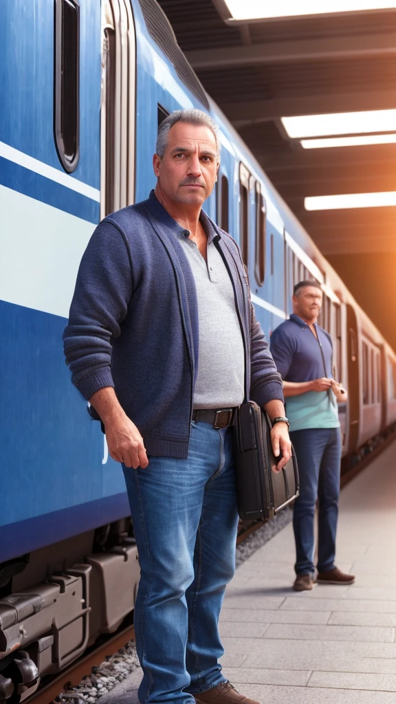 a middle-aged man, healthy and fit, carrying a suitcase, standing at a train station, highly detailed portrait, realistic, photorealistic, masterpiece, 8k, extremely detailed, studio lighting, cinematic lighting, dramatic lighting, warm colors, vibrant colors, sharp focus, award-winning photography, striking pose, confident expression, looking at camera