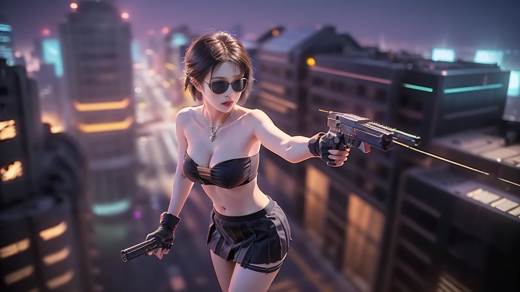 (aerial view). at night, futuristic sci-fi cyberpunk city, broad viaduct, skyscrapers at the end of the viaduct, the movie "13th Floor" style, hq. Matrix style, at night, (1girl, solo), photo realistic, (large-breast:1.2 slim body, cleavage:1.3), (((tube top, extreamly short pleated (((miniskirt))) exposing panty))), (((((matrix style black sunglasses))))), (((((aiming at camera with a (pistol)))))), (((half-body (thigh level) medium shot))), (cinematic lighting).