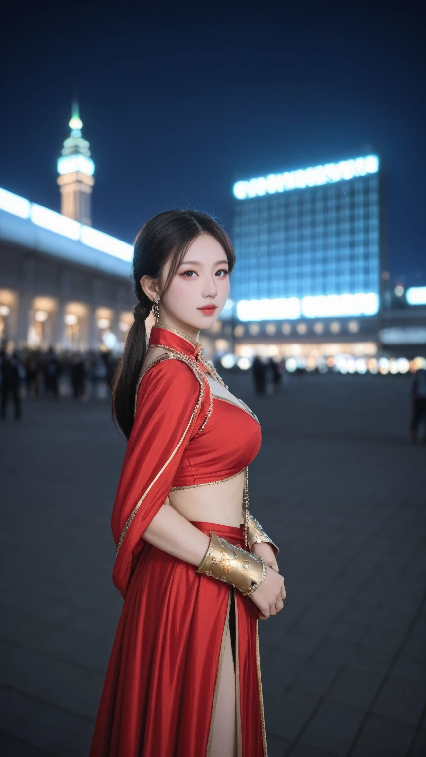 realistic,score_9, score_8_up, score_7_up, BREAK,
 In the heart of the night cityscape, a beautiful girl adorned in Feiyu_clothes stands as a masterpiece of modern illustration. Her red-fabric attire, rich with gold embroidery, shimmers under the cinematic lighting, highlighting the intricate gold-embroidered black bracer on her arm. Her high ponytails frame an ulzzang-6500v1.1 face, her eyes a focal point of beautiful details, reflecting the absurderes and incredibly ridiculous resolution that defines this ultra-detailed CG creation. The depth of fields blurs the city lights behind her, emphasizing her solidarity against the urban backdrop. Her slim and smooth lines are accentuated by the perfect shiny skin, and a hint of rebellion peeks through her nipple ring. This is not just an image; it’s a tmasterpiece, a top-quality, official art piece, and an extremely detailed CG Unity 8K wallpaper that astounds with its fine detail and hyper-detailing, showcasing the best quality at its best.