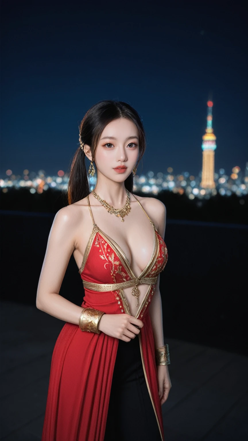 realistic,score_9, score_8_up, score_7_up, BREAK,
 In the heart of the night cityscape, a beautiful girl adorned in Feiyu_clothes stands as a masterpiece of modern illustration. Her red-fabric attire, rich with gold embroidery, shimmers under the cinematic lighting, highlighting the intricate gold-embroidered black bracer on her arm. Her high ponytails frame an ulzzang-6500v1.1 face, her eyes a focal point of beautiful details, reflecting the absurderes and incredibly ridiculous resolution that defines this ultra-detailed CG creation. The depth of fields blurs the city lights behind her, emphasizing her solidarity against the urban backdrop. Her slim and smooth lines are accentuated by the perfect shiny skin, and a hint of rebellion peeks through her nipple ring. This is not just an image; it’s a tmasterpiece, a top-quality, official art piece, and an extremely detailed CG Unity 8K wallpaper that astounds with its fine detail and hyper-detailing, showcasing the best quality at its best.