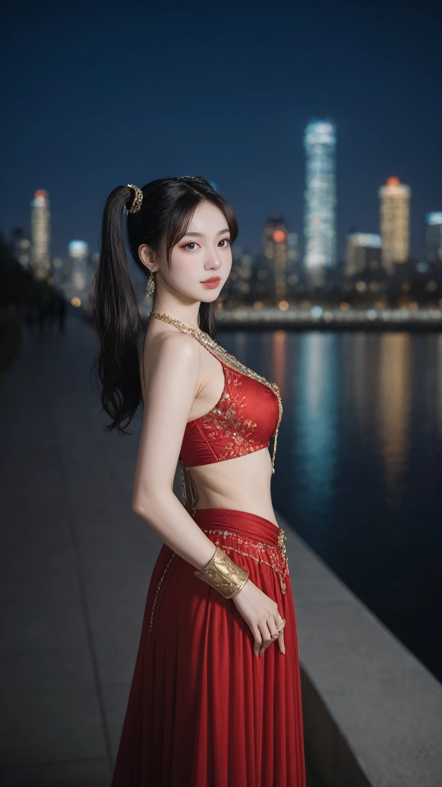 realistic,score_9, score_8_up, score_7_up, BREAK,
 In the heart of the night cityscape, a beautiful girl adorned in Feiyu_clothes stands as a masterpiece of modern illustration. Her red-fabric attire, rich with gold embroidery, shimmers under the cinematic lighting, highlighting the intricate gold-embroidered black bracer on her arm. Her high ponytails frame an ulzzang-6500v1.1 face, her eyes a focal point of beautiful details, reflecting the absurderes and incredibly ridiculous resolution that defines this ultra-detailed CG creation. The depth of fields blurs the city lights behind her, emphasizing her solidarity against the urban backdrop. Her slim and smooth lines are accentuated by the perfect shiny skin, and a hint of rebellion peeks through her nipple ring. This is not just an image; it’s a tmasterpiece, a top-quality, official art piece, and an extremely detailed CG Unity 8K wallpaper that astounds with its fine detail and hyper-detailing, showcasing the best quality at its best.