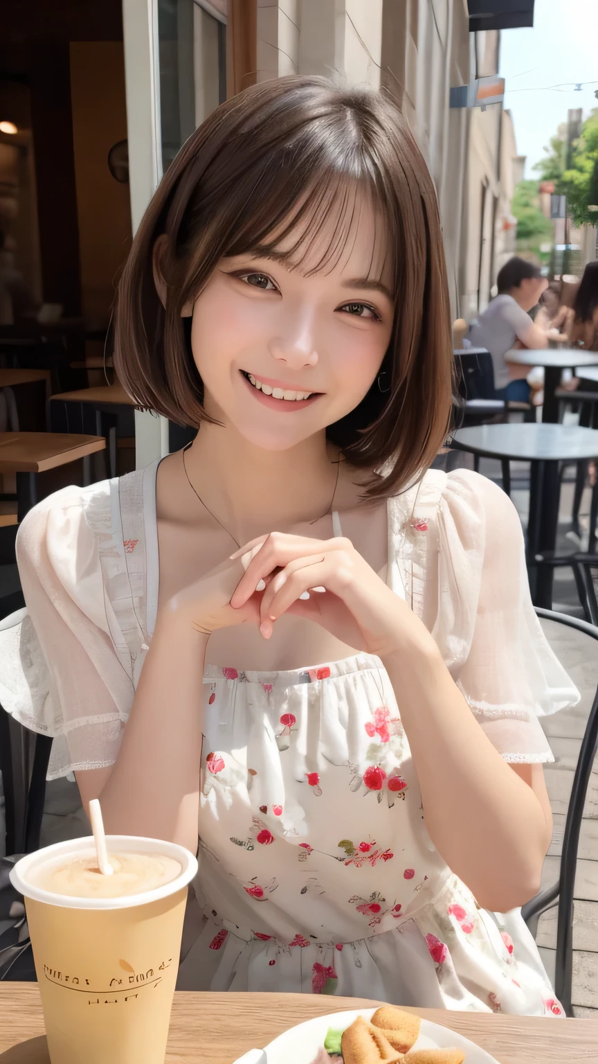 closeup shot , Best picture quality (8K, high resolution, Masterpiece: 1.2), super detailed, 215 Short Hair, -yeld wo,
situation: On the terrace of a café、Women enjoying chatting。
clothing: Floral dress、Sandals、sunglasses。
angle:
Close-up: A detailed view of a happy, smiling face。
Detailed depiction: The exterior of the cafe in the background、With cups and small items on the table in the background、Emphasise a relaxing moment。
Emotional moment: Laughing with friends、Capturing a happy expression as she takes クッキー。
, Close-up of face :1.5
, random cute pose ,big eyes ,Puffy eyes Heart Pupil, blush , huge shy smile , salute