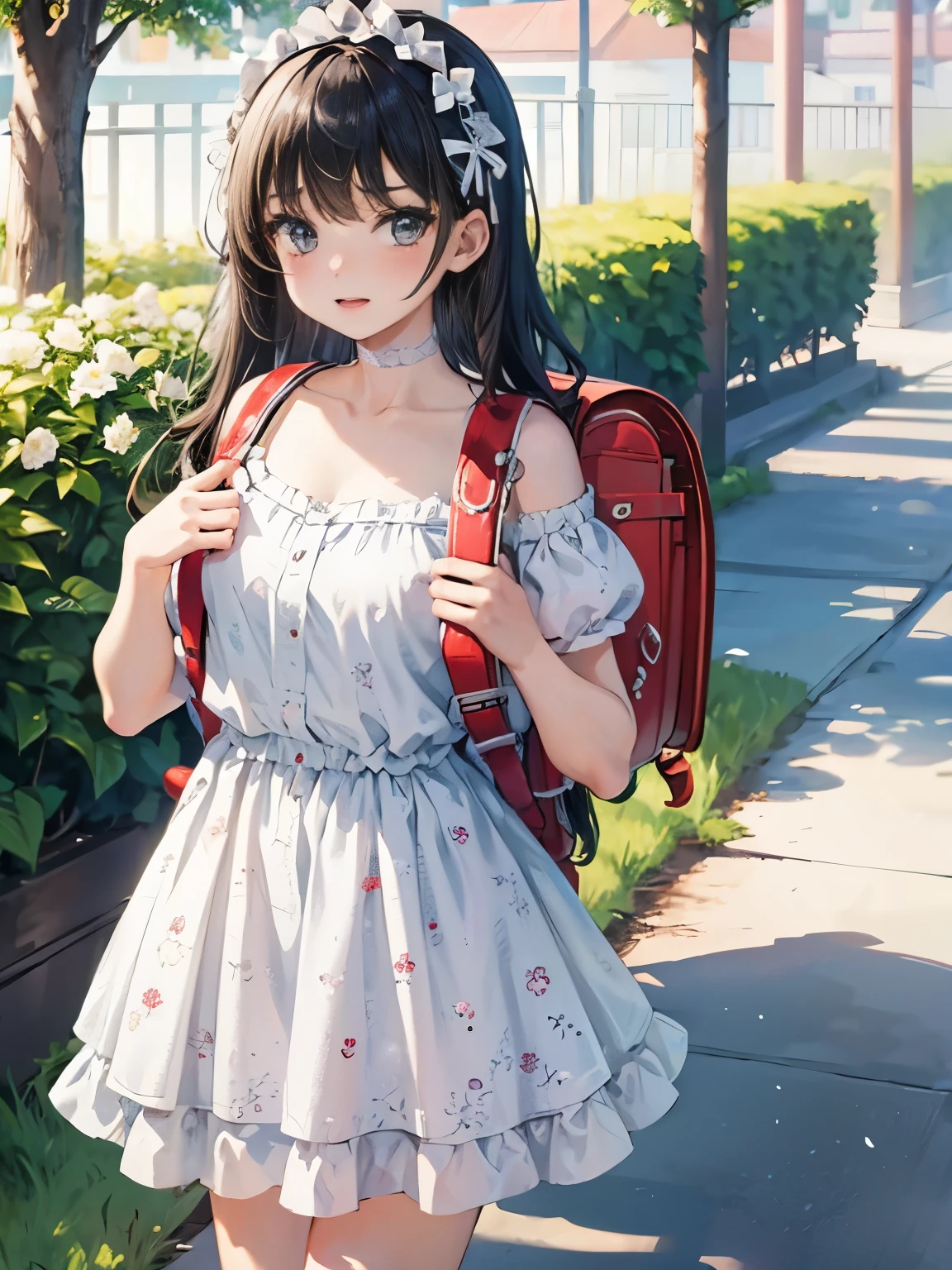 Masterpiece, hd, high school girl,************,innocent face,teenage girl,cute,summer clothes, flower dress,everyday wear, standing, outdoor,flower garden,black hair,ribbon, wearing school backpack, (backpack:1.2)