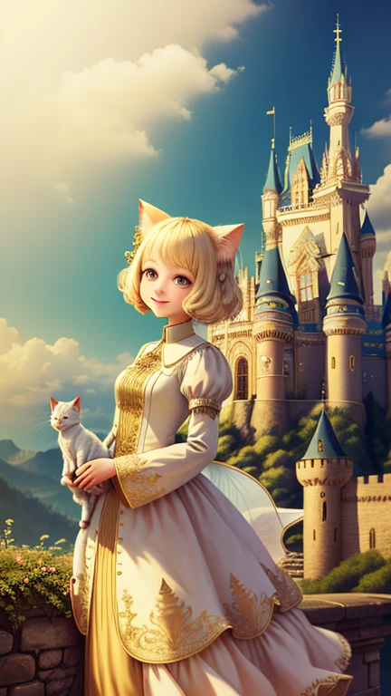 girl, Castle Background, Ivory Gold AI Psychedelic Magic, Cat, Fairy, Clean, bright, Smile