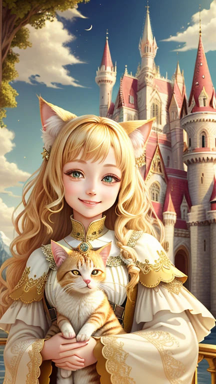 girl, Castle Background, Ivory Gold AI Psychedelic Magic, Cat, Fairy, Clean, bright, Smile