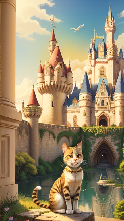 girl, Castle Background, Ivory Gold AI Psychedelic Magic, Cat, Fairy, Clean, bright, Smile