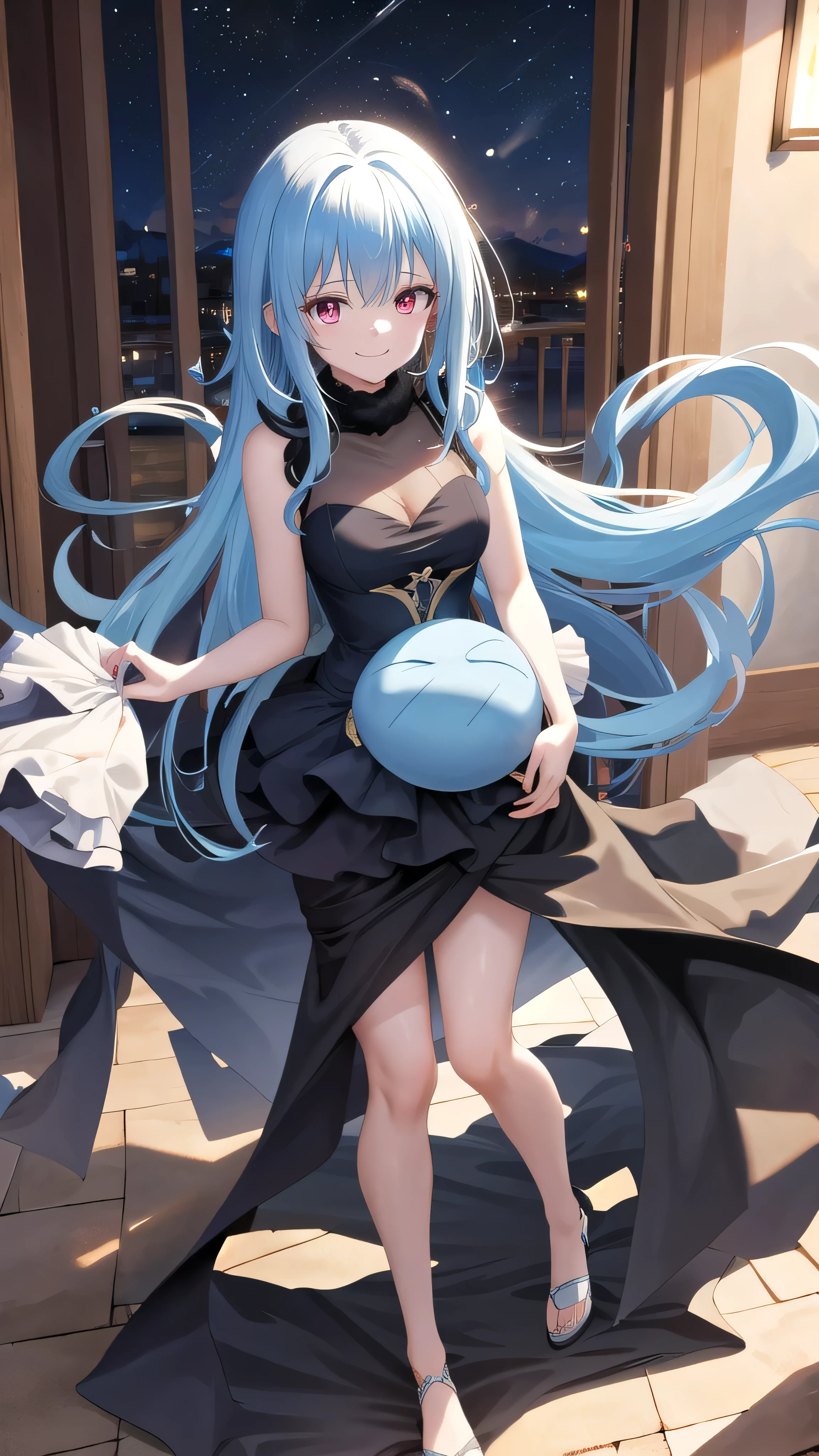 masterpiece, best quality, highres, rimuru tempest, blue hair, RED EYES, long hair, medium breasts, an adult girl, long hairs falling over her shoulders, decorated with a very elegant and very long black dress for a gala dinner with a cut that allows her to show her leg, wears beautiful evening makeup, smiling, full body image, kind and generous nature, happy,