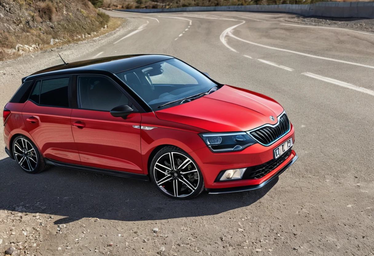 A Curacao blue Škoda Fabia RS IV sports car is parked on the road 66, its sleek design and pop-up headlight standing out against the gravel. The car's black roof and red interior add a pop of color to the scene.