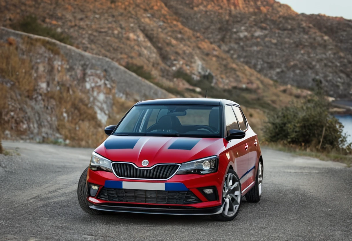 A Curacao blue Škoda Fabia RS IV sports car is parked on the road 66, its sleek design and pop-up headlight standing out against the gravel. The car's black roof and red interior add a pop of color to the scene.