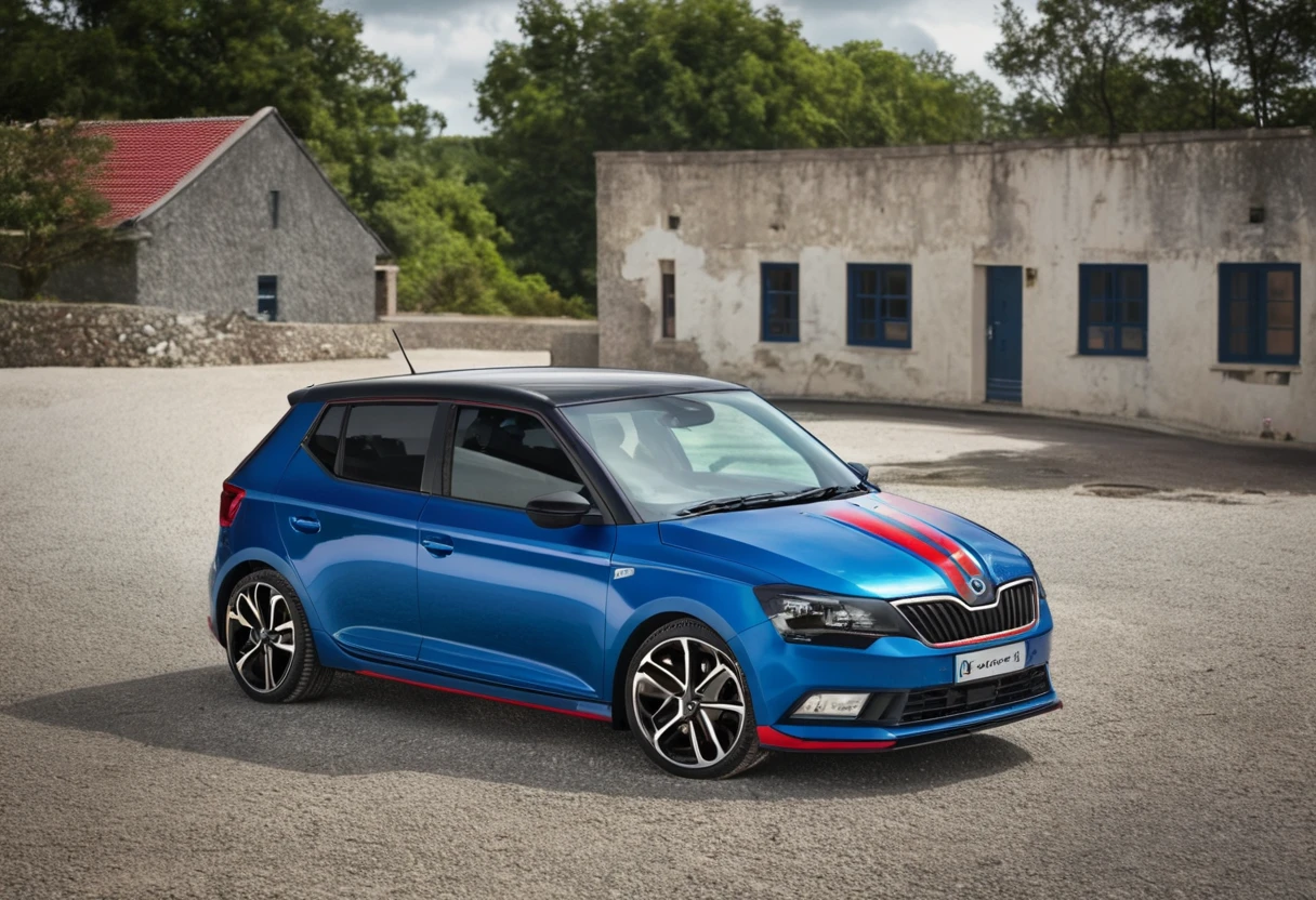 A Curacao blue Škoda Fabia RS IV sports car is parked on the road 66, its sleek design and pop-up headlight standing out against the gravel. The car's black roof and red interior add a pop of color to the scene.