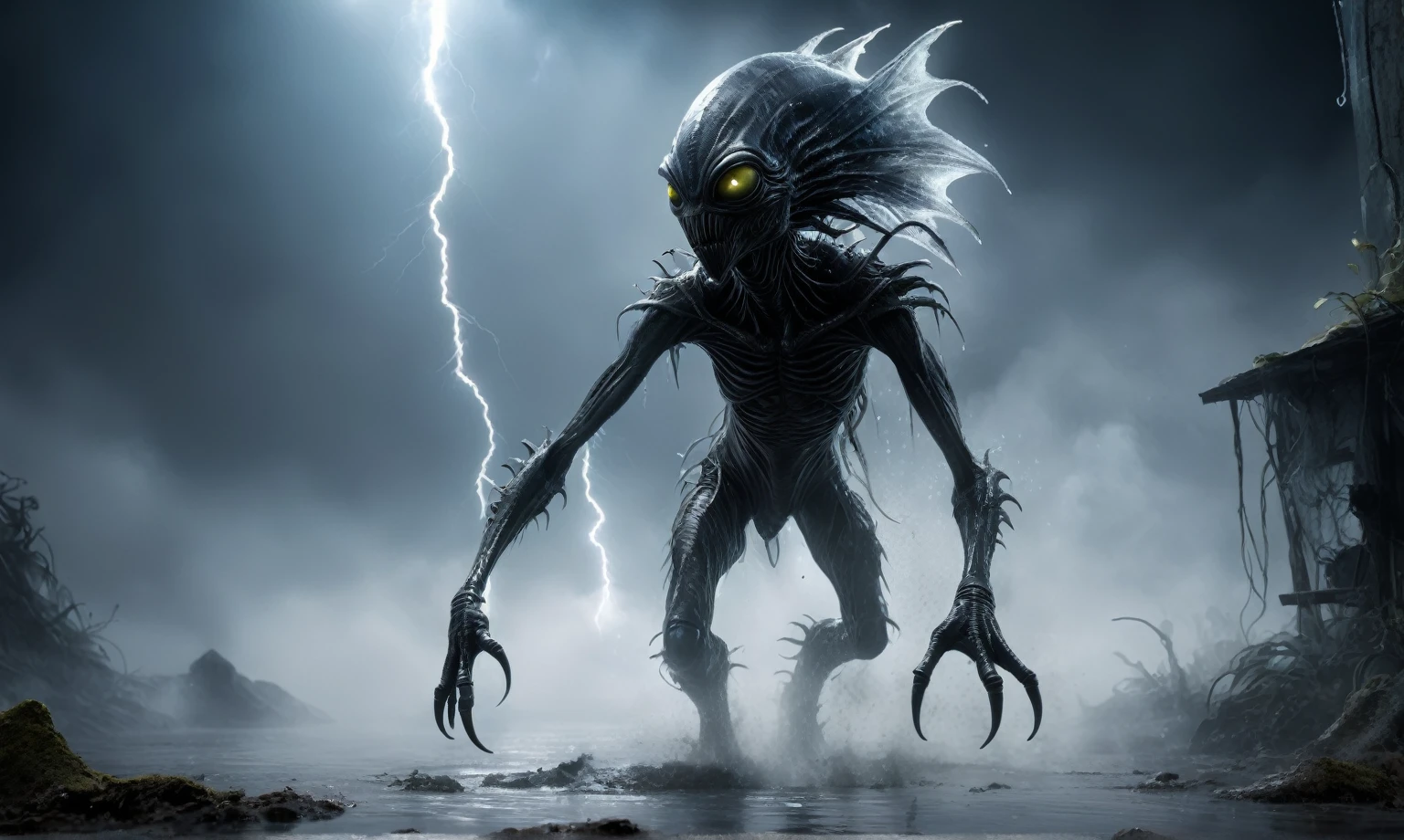 full body length,niobium goblin,native africa xenomorph,once pretty face,eyebrow up,full body shot,ominous landscape,niobium gray atmosphere,photo,photorealism,Masterpiece,natural skin textures, hyper realism,hyper detailed,High contrast,Realism,Ultra Detailed,irina yermolova,close full body shot,32K resolution,Nikon Z9, ,demonic, dust, smoke, audience, mist, featuring ultra-realistic and hyper-realistic elements,
  Marta Bevacqua, Ellen Jewett, Kawacy, Katsuya Terada, Carne Griffiths, explosive lightning, concert lighting,  bokeh,  luminal space that feels
 both bright and surreal. Includes liquid fluid elements for added depth and movement. Rendered in an unreal 
engine and post-processed to achieve . Evokes a sense of dreamy, ethereal, statfish's lether
and mystical mood,horror pixar movie still,thriller disney movie ,pixar render, animated ,suicide