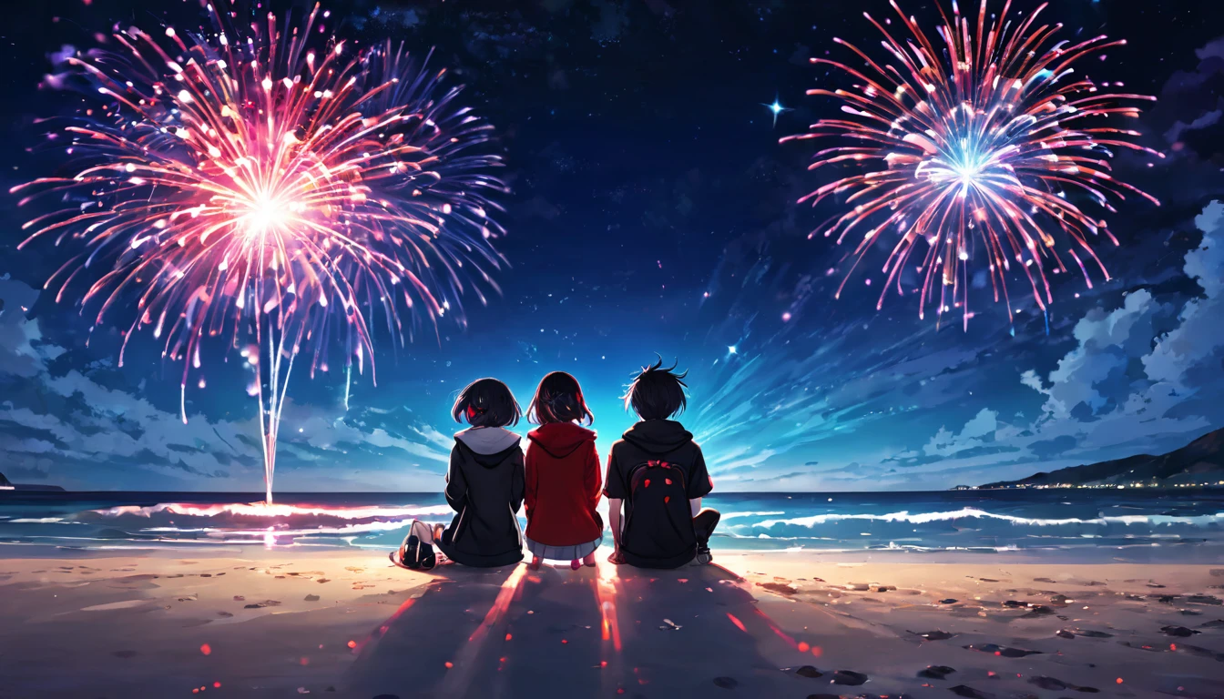 Sit down and light small hand-held fireworks2people、Boys and Girls、teenager、cyber punk、Red eyes、Glowing Eyes、Beach、Starry Sky