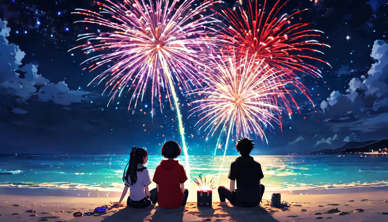 Sit down and light small hand-held fireworks2people、Boys and Girls、teenager、cyber punk、Red eyes、Glowing Eyes、Beach、Starry Sky