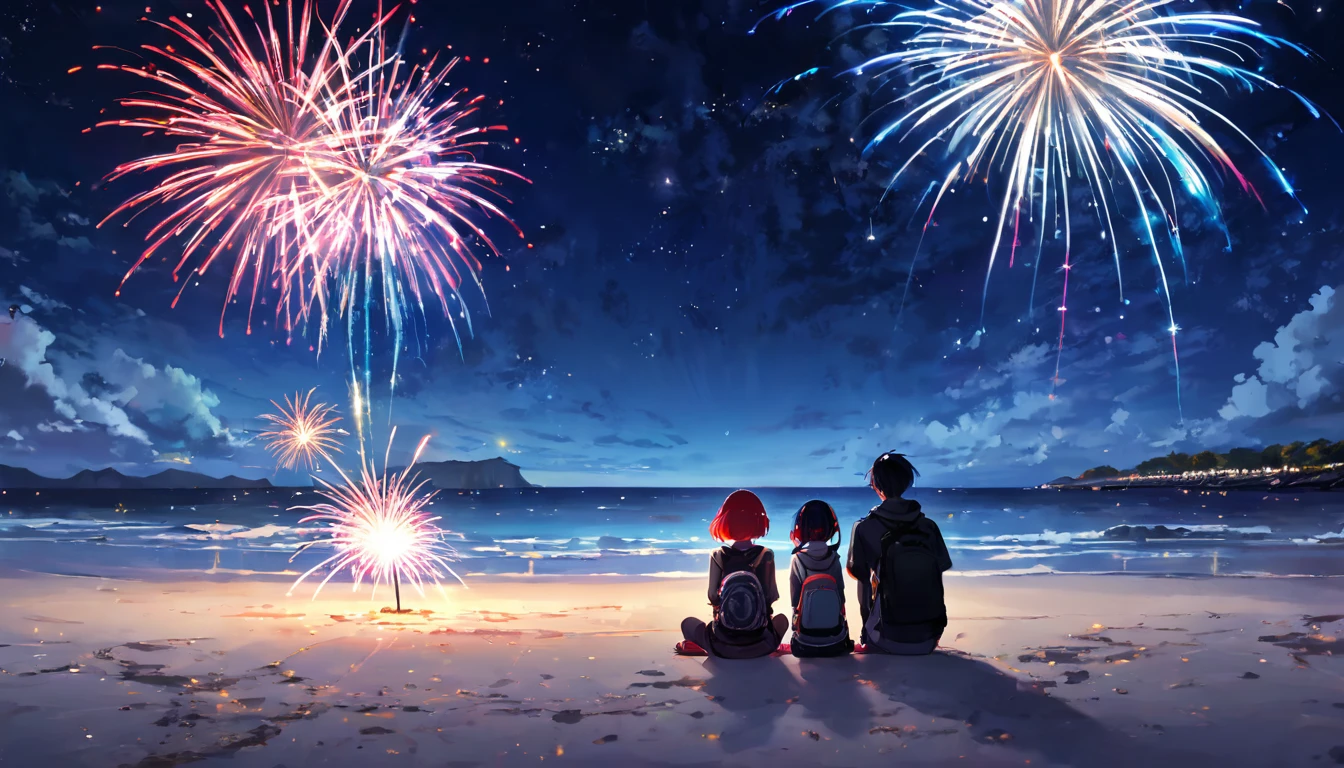 Sit down and light small hand-held fireworks2people、Boys and Girls、teenager、cyber punk、Red eyes、Glowing Eyes、Beach、Starry Sky