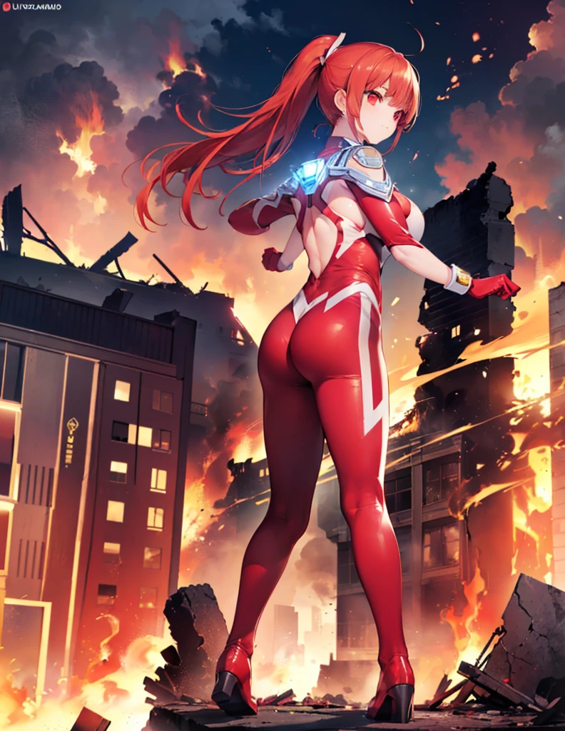 Realistic,Highest quality, Ultra Detail, High-quality CG rendering, The most delicate and beautiful, Floating softly, High resolution, (1 giant girl), (Highest quality,4K,8K,masterpiece:1.2),(All red hair:1.5), (ponytail:1.5),(Red eyes:1.5), (Ultra Girl:1.0), (Red Ultraman bodysuit:1.4),(Do not expose your skin:1.4),(Slightly larger breasts:1.5),(Place your hands in front of your chest:1.3),(Red gloves:1.3),(Red Shoes:1.3),(whole body:1.3),(Are standing:1.3),(A city engulfed in flames:1.3),(Buildings in flames:1.3),(Burning Ruins:1.3),(Fighting Pose:1.3),(Put your right hand forward:1.3),(Turn your back to your audience:1.3),Butt