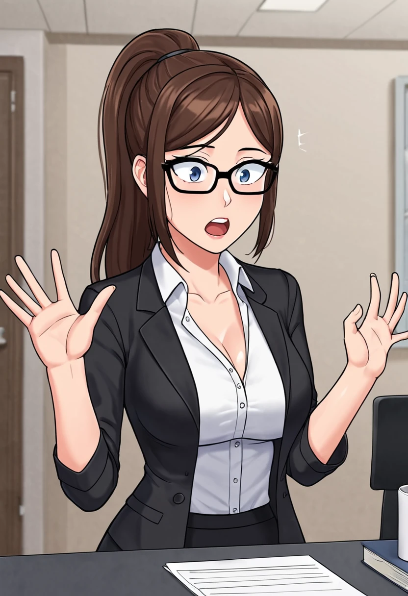 Human, hair black, eyes black, 24 years old, office uniform, wear glasses, ponytail, C cup breasts, 1girls, took off jacket, hot weather, surprised, cock in front, office, deserted, Beautiful, beautiful skin,