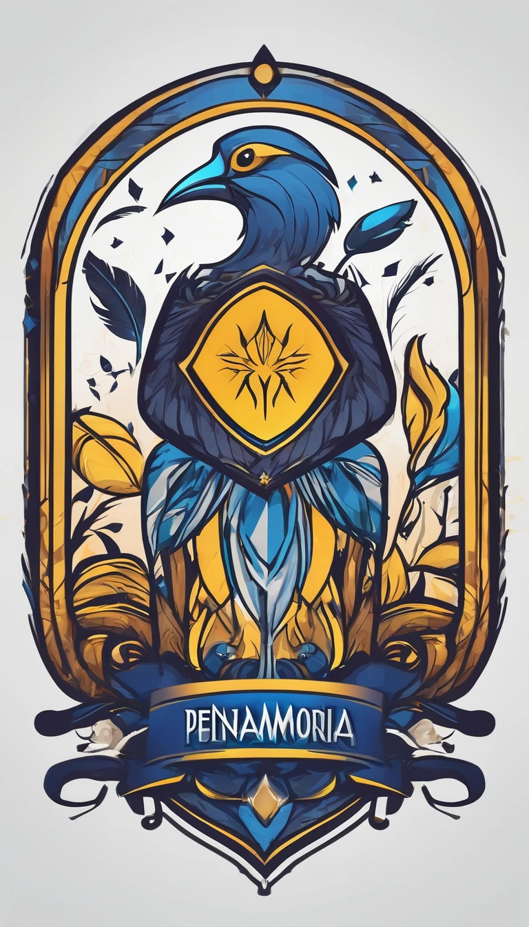 Create a minimalistic, simple, fantastic, easy to understand, logo design of a boy and a feather for an upcoming Fantasy Role Playing Game called " Penamemoria". The game is about a world full of bird and feathers. A boy enters that world and discovers his true artistic identity. Create a logo design that transmits the essence of this videogame. It´s a fantasy game, with fantasy elements. Create the logo in the center and a fantasy theme as background. Use the colours blue, white, yellow in the logo. The logo design must convey a sense of fantasy, dreams and music. Must convey a feeling of being a true Dreamer