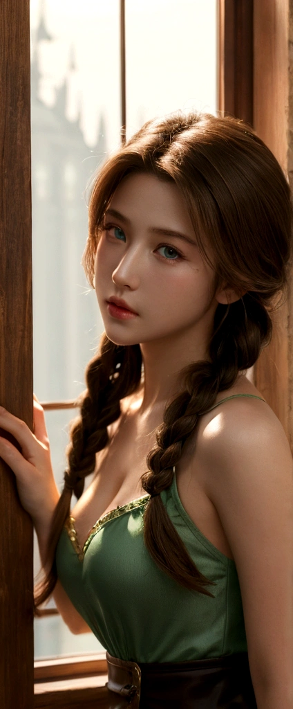 ((ultra detailed, masterpiece, best quality))
 FF7Aerith, 1girl, solo, single braid, green eyes, brown hair, portrait