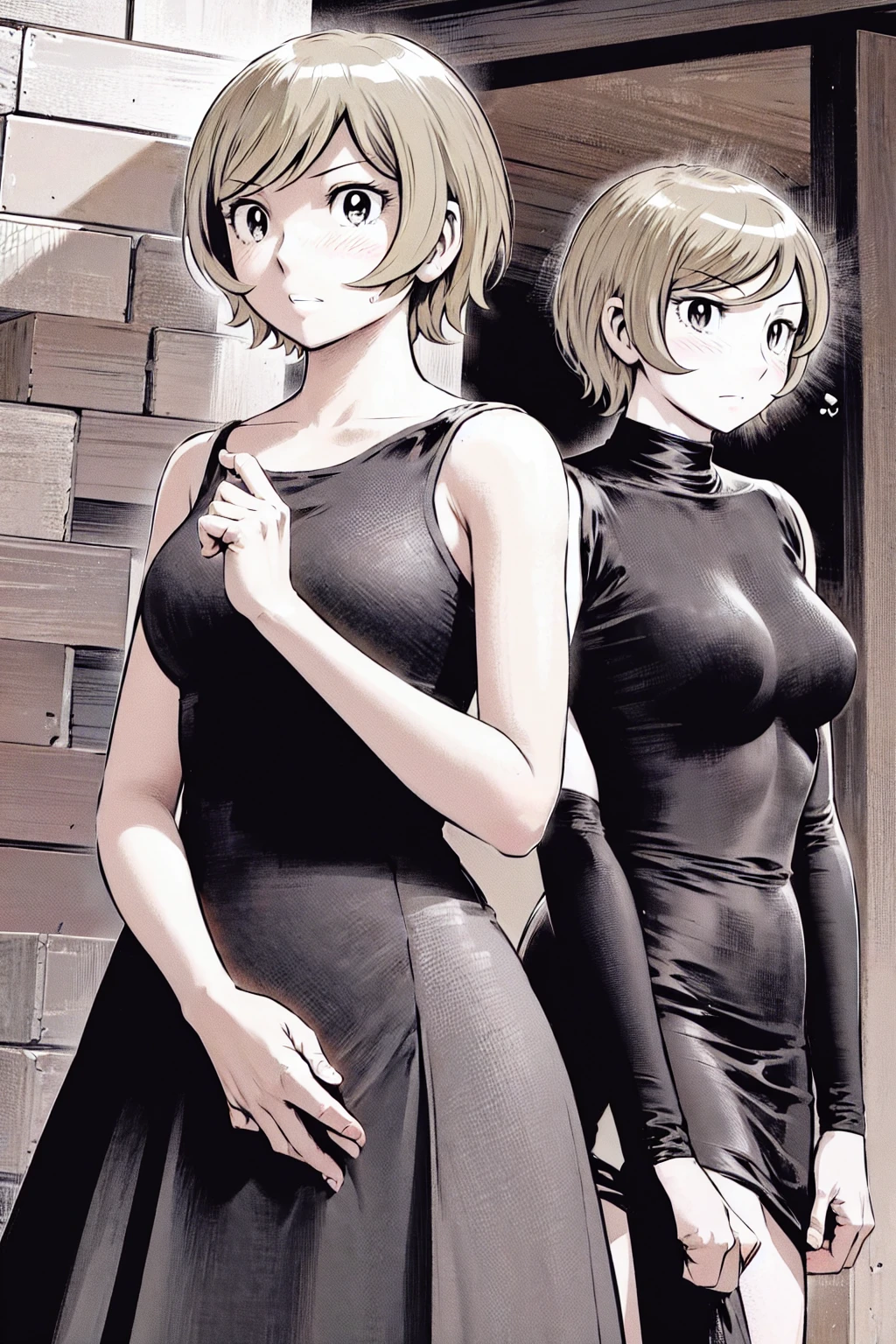 、(masterpiece、Highest quality)、Highest quality, Ultra-high resolution, (((masterpiece))), alone, Sweat、Big eyes, No sleeve、Outdoor、Floral dress、Composition from the front、(Cut the back hair short、short hair、blonde、woman)、Shortcuts、Embarrassed face、Cut your hair short、可愛いwomanの子、Big Breasts、NSFW
