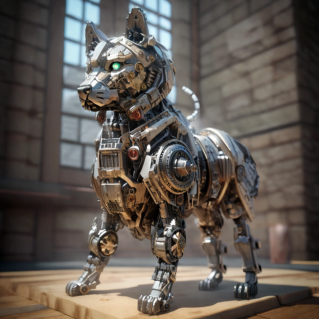 The building has a metal dog statue on its base., Armored Catの仲間, husky in shiny armor, Armored Cat, Steampunk dog, Cyborg dog, rendered in redshift, Steampunk ferret - a shaped mecha, Robot Lion, Industrial Mechanical Robot Dog, Highly detailed rendering, A good giant mechanical wolfdog, Detailed and complex rendering, Expressed in 3D rendering