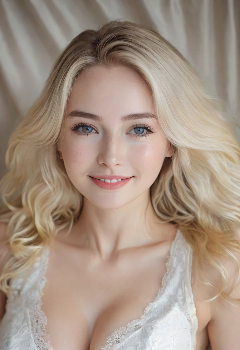 ((European Caucasian Woman))、((Maria, 18 years old))One person、Thin contours、Grey Eyes、Big Breasts、Narrow waist、White and translucent skin、Beautiful, shiny blonde medium-long hair、8-head-tall model style、Long dress、Waist-down angle、smile、Hotel Rooms