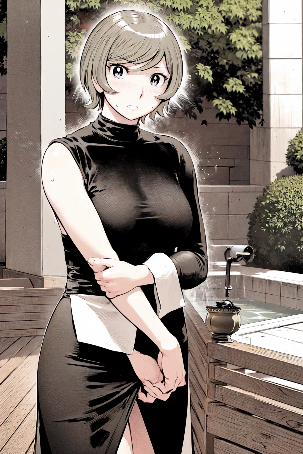 、(masterpiece、Highest quality)、Highest quality, Ultra-high resolution, (((masterpiece))), alone, Sweat、Big eyes, Sleeveless、Outdoor、Floral Dress、Composition from the front、(後ろCut your hair short、short hair、blonde、woman)、Shortcuts、Embarrassed face、Cut your hair short、可愛いwomanの子、Big Breasts、Browsing Caution