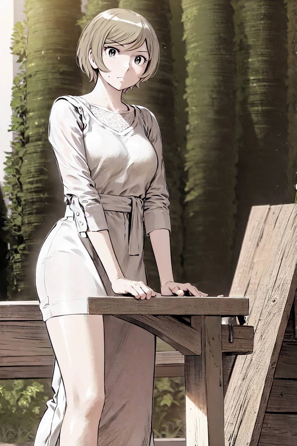 、(masterpiece、Highest quality)、Highest quality, Ultra-high resolution, (((masterpiece))), alone, Sweat、Big eyes, No sleeve、Outdoor、Floral dress、Composition from the front、(Cut the back hair short、short hair、blonde、woman)、Shortcuts、Embarrassed face、Cut your hair short、可愛いwomanの子、Big Breasts、NSFW