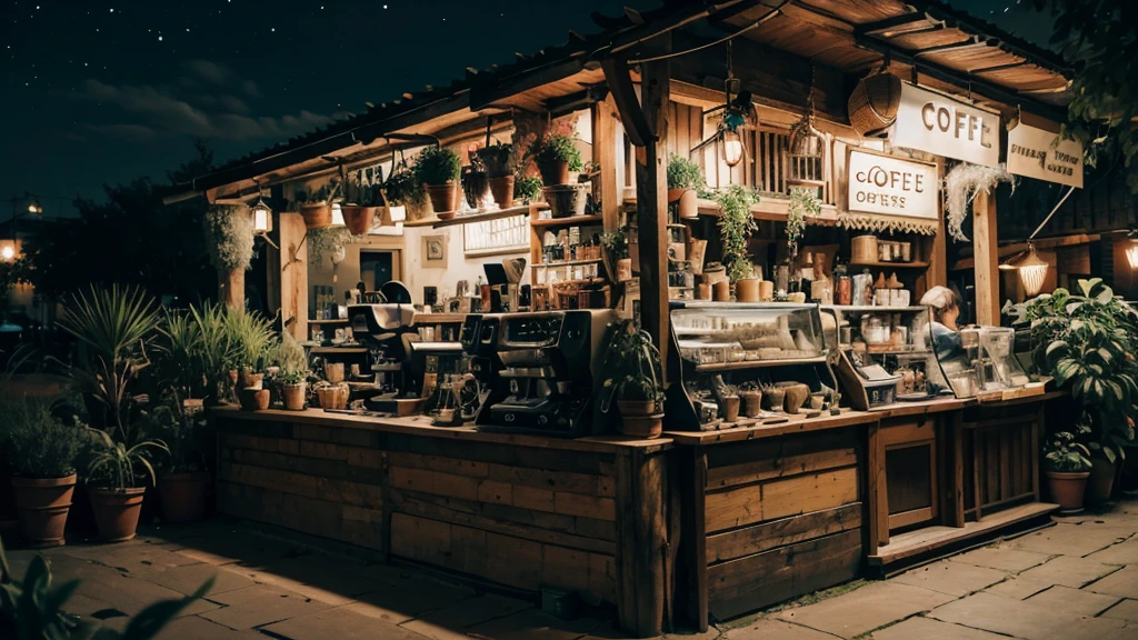 extremely detailed, bohoai coffeehouse, coffee machine, plants, coffee, night time, city lights