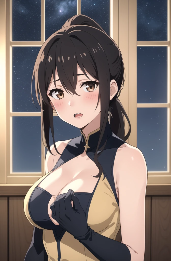 1girl, solo, long hair, looking at viewer, blush, open mouth, large breasts, black hair, gloves, hair between eyes, bare shoulders, brown eyes, upper body, ponytail, sky, sleeveless, black gloves, elbow gloves, indoors, window, night, star (sky), low ponytail, starry sky, brown shirt, cleavage 