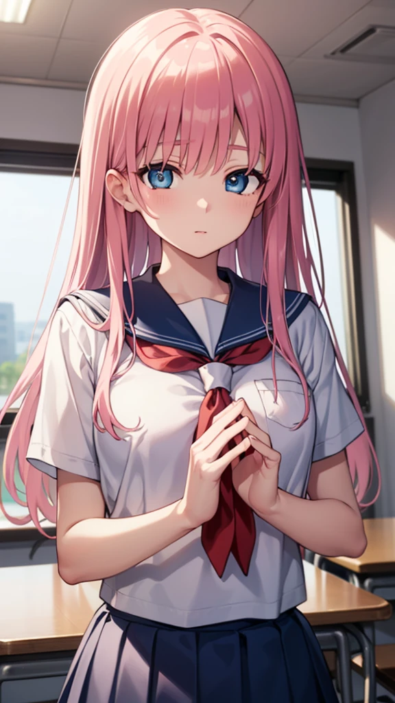 Yuokahara Village, Notaka Haramura, blue eyes, hair bow, Long hair, Pink Hair, bow,
rest blue skirt, Kiyosumi school uniform, pleated skirt, , Seraph, skirt,
rest looking at viewer,
rest indoors, classroom,
rest (masterpiece:1.2), best quality, high resolution, Unity 8K wallpaper, (illustration:0.8), (Beautiful and delicate eyes:1.6), Extremely detailed face, Perfect lighting, Extremely detailed CG, (Perfect hands, Perfect anatomical structure),