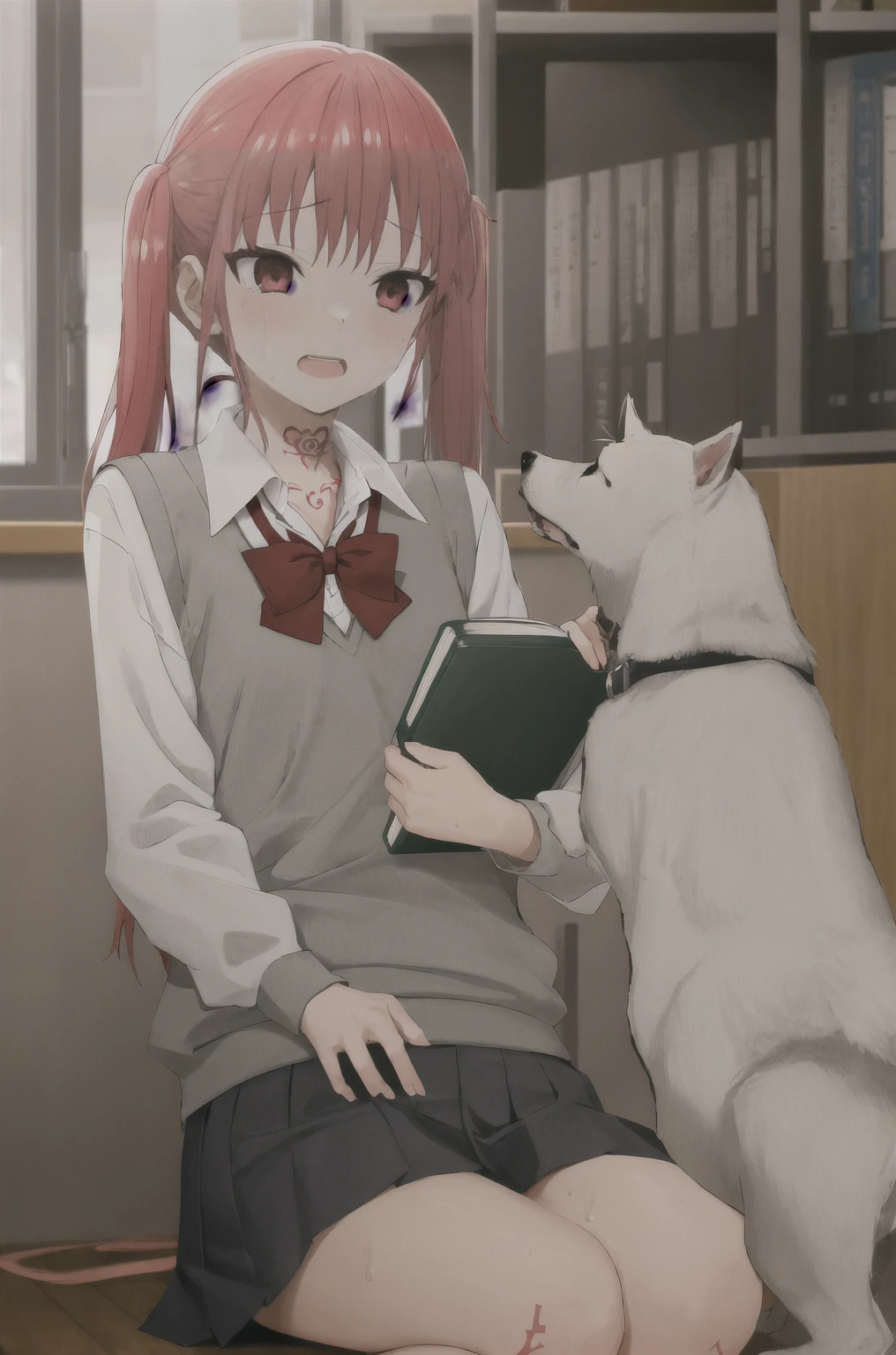 masterpiece, best quality, ayasakiremi, red eyes, twintails, open mouth, upper teeth, uniform, school, high school girl, bare legs, sitting on desk, school uniforms, red hair, holding books,(sweating), tremor,[despair|scared], Wearing a dog collar, Naughty tattoo on the belly 