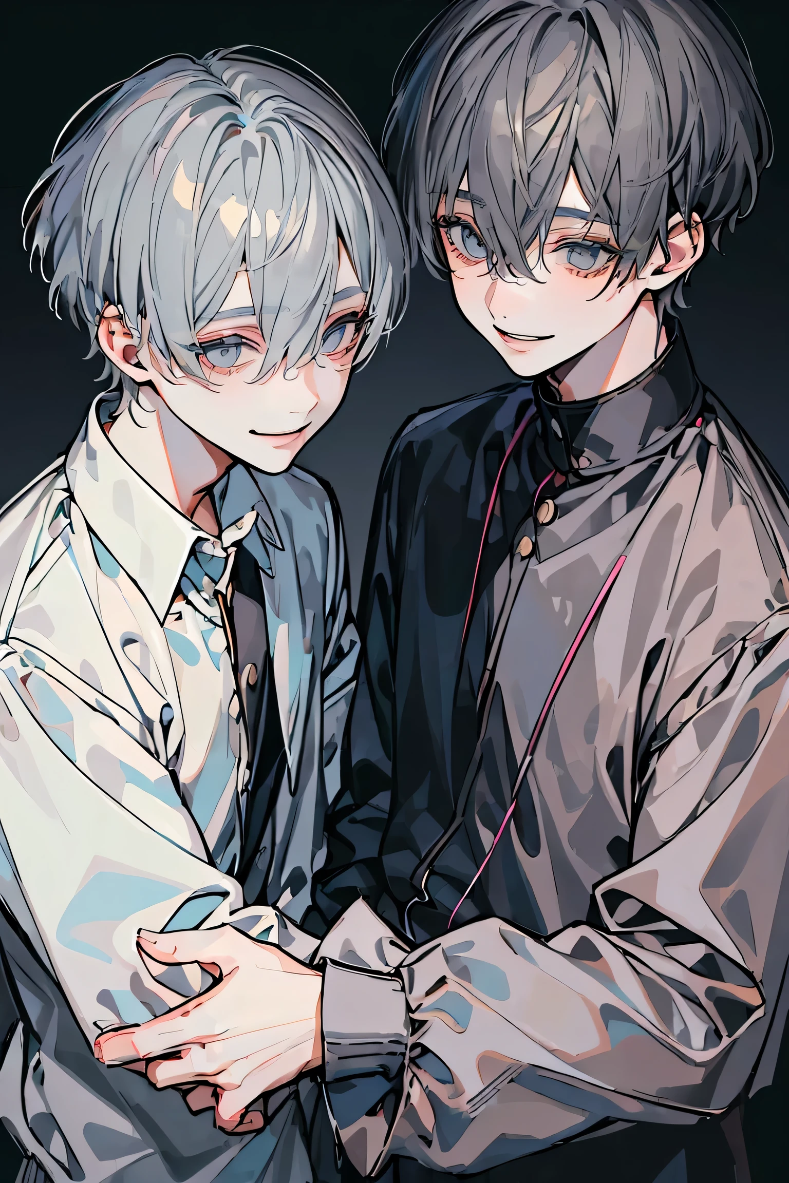 (masterpiece)、(best quality)、Very detailed、((two close boys:1.5))、perfect face、pretty face、Very detailedな顔、4K、8K、(Brunette man:1.3)、(gray haired man:1.3)、shirt、(Smile:1.2)