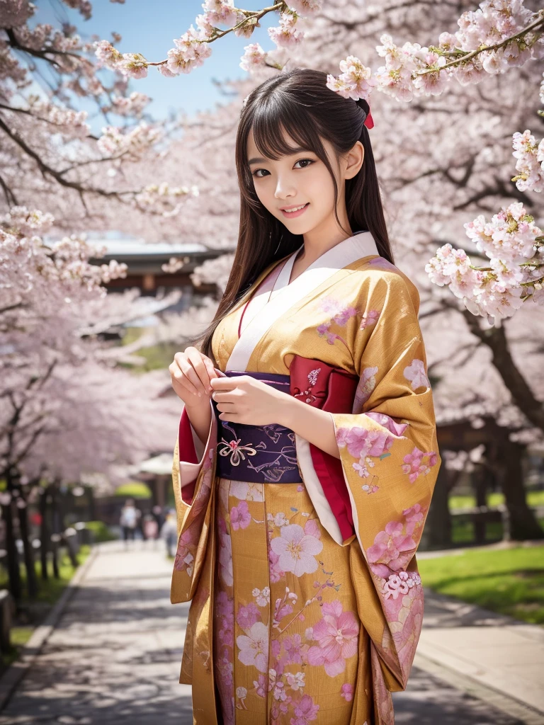 Tabletop, Highest quality, 8K、(Golden ratio face、Balanced Eyes、Very gentle eyelids)、double eyelid、Beautiful nose、Embarrassed laugh、Lip gloss 、Very beautiful girl、Beautiful girl solo like a model、View Photographer、Kimono with intricate patterns and traditional designs、Detailed Color、A kimono with vibrant patterns、Photo taken in front of a cherry blossom tree、Uphair 1.2、(((Provocative pose、Sexy pose)))