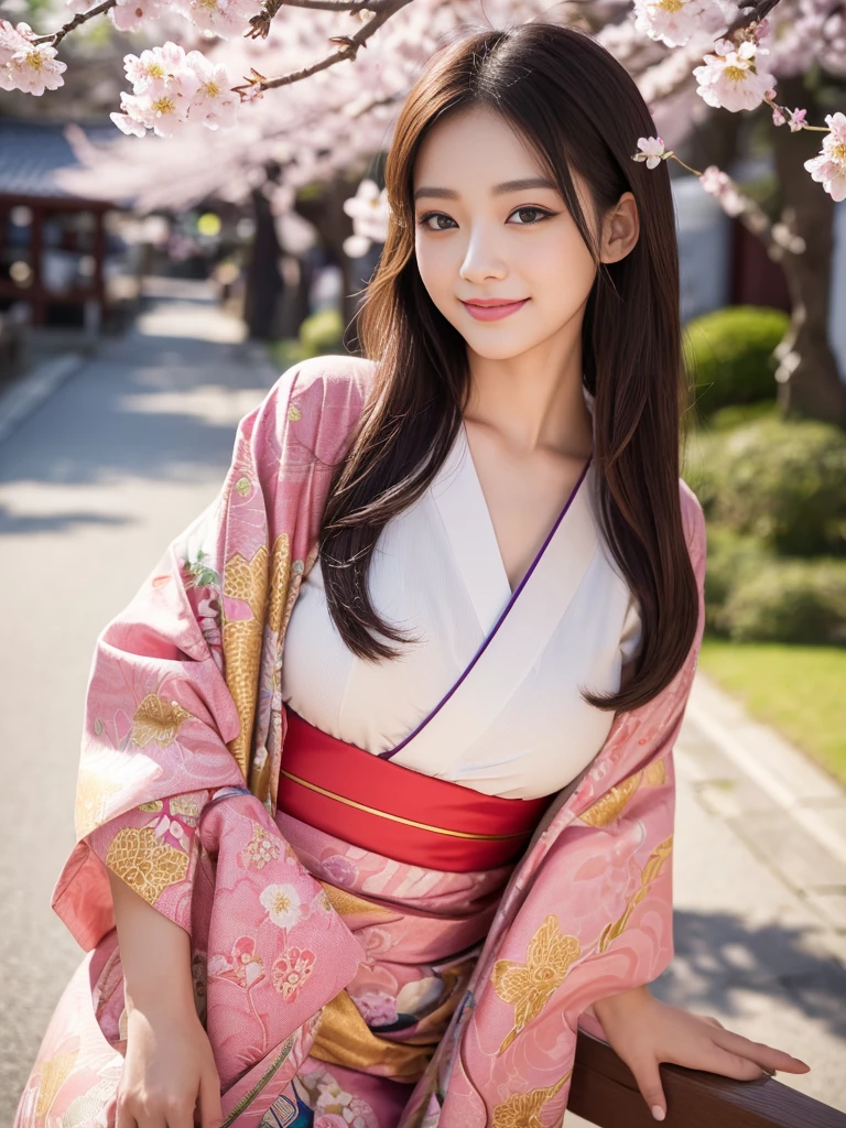 Tabletop, Highest quality, 8K、(Golden ratio face、Balanced Eyes、Very gentle eyelids)、double eyelid、Beautiful nose、Embarrassed laugh、Lip gloss 、Very beautiful girl、Beautiful girl solo like a model、View Photographer、Kimono with intricate patterns and traditional designs、Detailed Color、A kimono with vibrant patterns、Photo taken in front of a cherry blossom tree、Uphair 1.2、(((Provocative pose、Sexy pose)))
