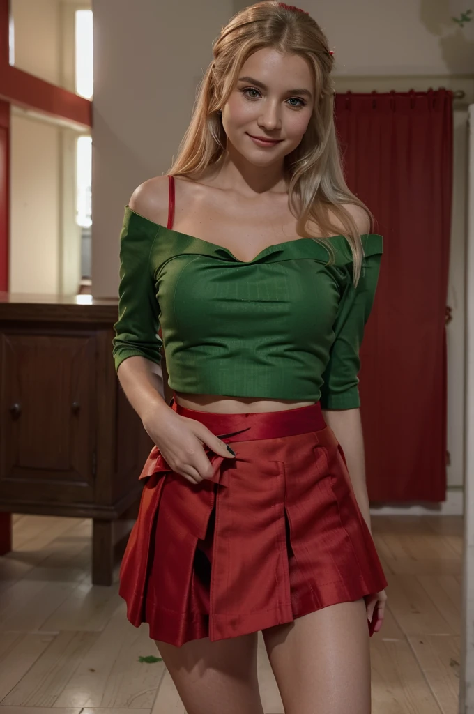 belle robe de soirée rouge , Lituania, pretty women blonde standing up, (((wear a green top)), (((wear a red skirt))), Vilnius place, smirk, ((((Katedros Aikste))))