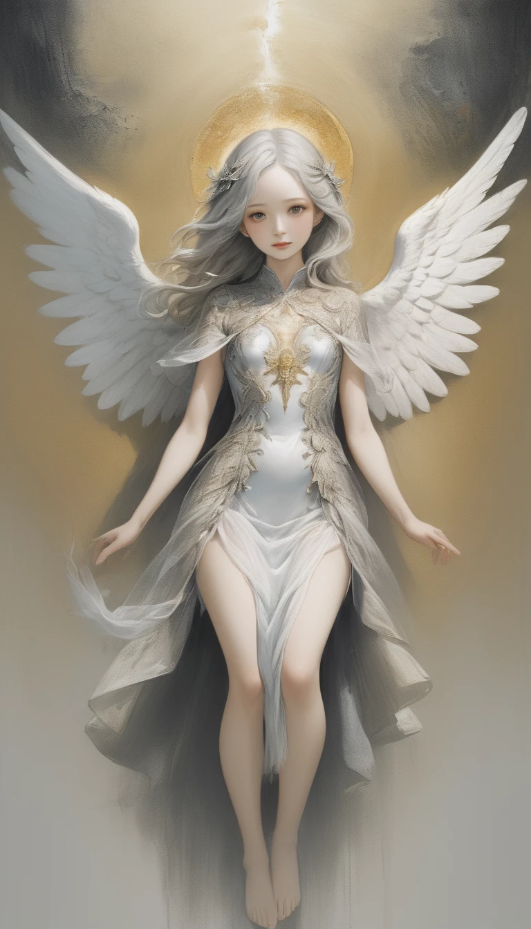 (masterpiece), (High resolution), (Very delicate), (masterpiece: 1.2, Highest quality),Perfect Anatomy、silver, Angel descending to earth、Paradise、Beautiful woman leading to heaven、Cute face、Expressionless、 scribble, Doll-like face, Manga Style, rough sketch, Manga Styleイラスト, Japanese painting, whole body,(snap shot), Flat Illustration, Creepy Appearance, Unique atmosphere、