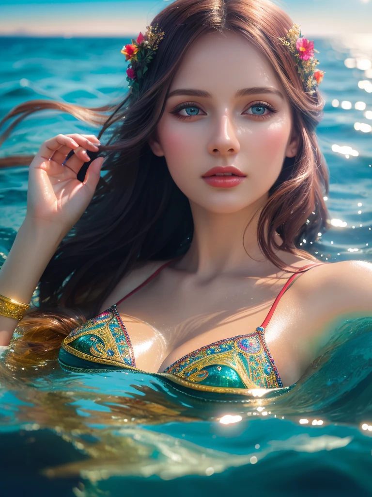 a very beautiful russian woman floating on the water, detailed face and features, beautiful sea, sunlight, calm water, photorealistic, award winning digital art, intricate details, masterpiece, vibrant colors, realistic lighting, 8k, cinematic, dramatic, sophisticated, elegant