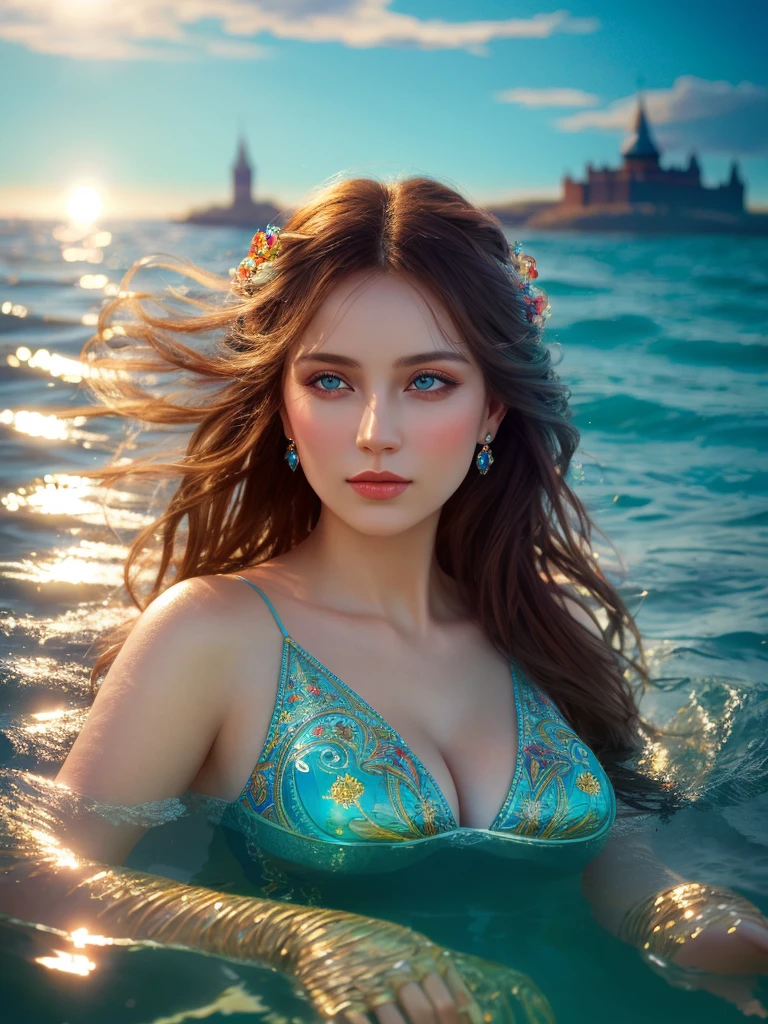 a very beautiful russian woman floating on the water, detailed face and features, beautiful sea, sunlight, calm water, photorealistic, award winning digital art, intricate details, masterpiece, vibrant colors, realistic lighting, 8k, cinematic, dramatic, sophisticated, elegant