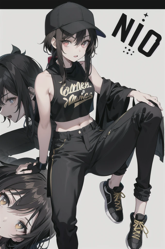 a young woman with short blackish-brown hair and golden eyes with black irises. She has a muscular but slim build, fang-like front teeth, and black-painted talons similar to those of a vampire. For clothing, she wears her signature baseball cap along with a plethora of different modern outfits and casual outfits like black colored cropped pants, sleeveless shirt and short boots or sneakers.